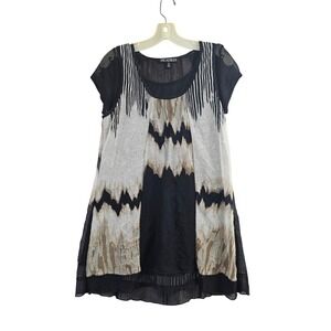 Piccadilly Mesh layered Tunic vest & Top Womens L Black Solid Sheer Short Sleeve